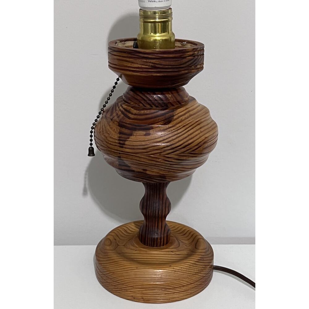 Mid Century Modern 50s Hand Turned Rustic Wood Table Lamp w/ Pull Chain 12"